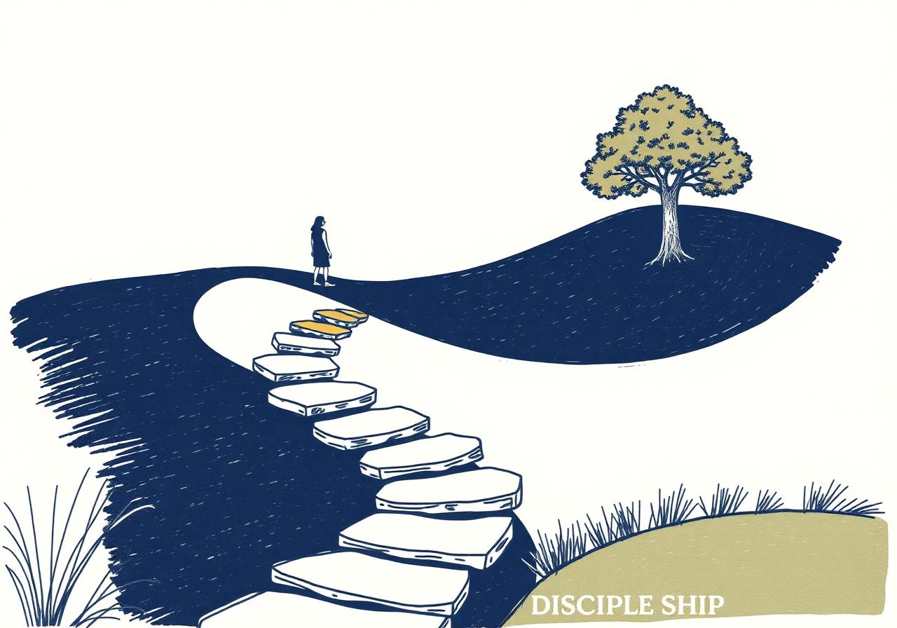 Illustration of stepping stones leading up a hill toward a tree.