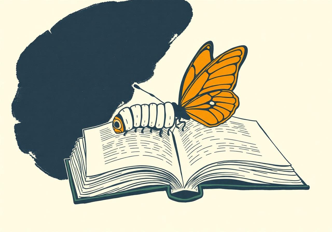 Illustration of a caterpillar becoming a butterfly on an open book.