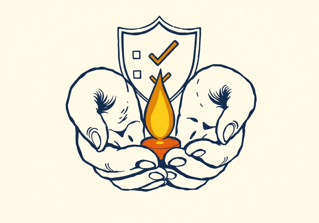 Illustration of cupped hands sheltering a flame with a shield motif.
