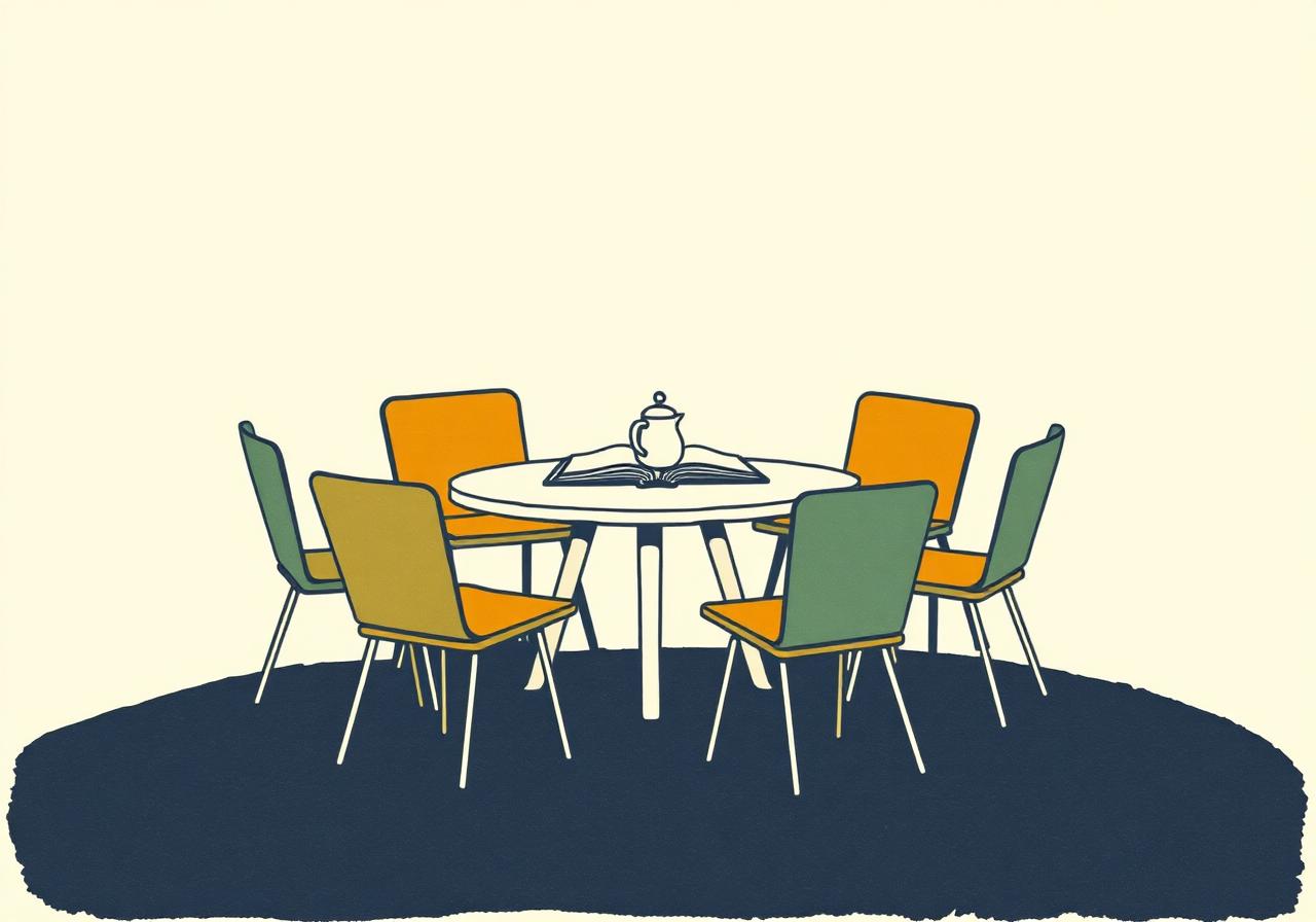 Illustration of six chairs around a low table with a book and teapot.